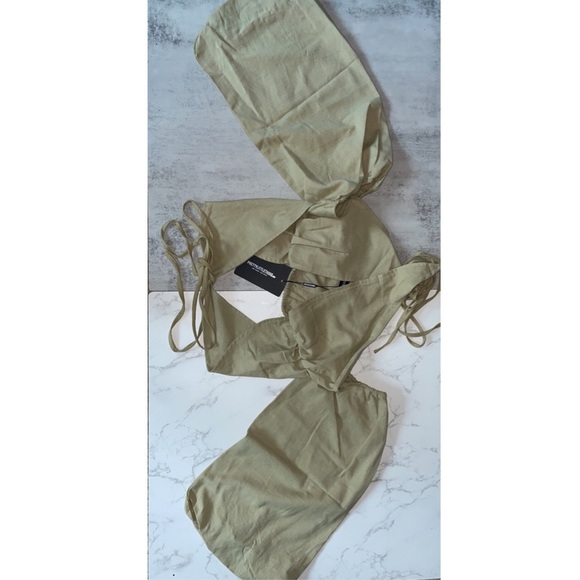 NWT PrettyLittleThing Olive Linen Feel Halter Lace Up Fringe Detail Top - Picture 6 of 6